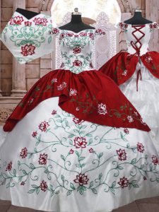 White And Red Taffeta Lace Up Quinceanera Gown Sleeveless Floor Length Embroidery and Ruffled Layers