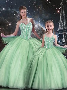 Apple Green Ball Gowns Sweetheart Sleeveless Tulle Floor Length Lace Up Beading Quince Ball Gowns