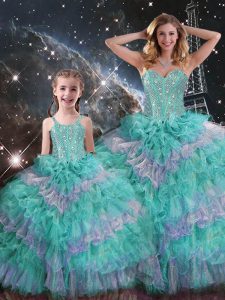 Multi-color Ball Gowns Sweetheart Sleeveless Organza Floor Length Lace Up Beading and Ruffled Layers and Sequins 15th Bi