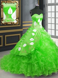 On Sale Sweetheart Sleeveless Quinceanera Gown Brush Train Embroidery Green Organza