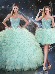 Free and Easy Sleeveless Floor Length Beading and Ruffles Lace Up Quinceanera Gown with Turquoise