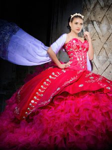 Glittering Embroidery and Ruffles Ball Gown Prom Dress Hot Pink Lace Up Sleeveless Brush Train