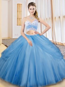Baby Blue Sleeveless Floor Length Beading and Ruching and Pick Ups Criss Cross Quince Ball Gowns