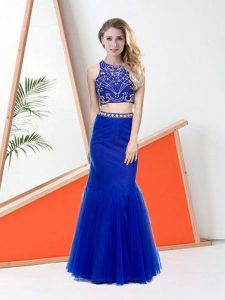 Custom Made Royal Blue Two Pieces Tulle Scoop Sleeveless Beading Floor Length Zipper Prom Evening Gown