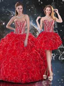 Clearance Wine Red Organza Lace Up Sweet 16 Quinceanera Dress Sleeveless Floor Length Beading and Ruffles