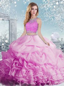 Floor Length Lilac Quince Ball Gowns Organza Sleeveless Beading and Ruffles and Pick Ups