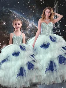 Hot Selling Blue And White Sleeveless Beading and Ruffled Layers Floor Length Sweet 16 Quinceanera Dress