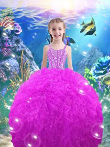 Perfect Floor Length Fuchsia Little Girls Pageant Dress Wholesale Straps Sleeveless Lace Up