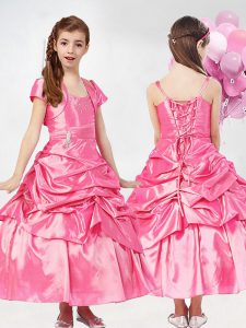 Rose Pink Sleeveless Taffeta Lace Up Little Girl Pageant Gowns for Quinceanera and Wedding Party