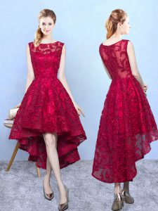 Burgundy A-line Scoop Sleeveless Lace High Low Zipper Lace Bridesmaid Dresses