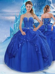 Best Selling Royal Blue Ball Gowns Tulle Sweetheart Sleeveless Beading and Pick Ups Floor Length Lace Up Sweet 16 Dress