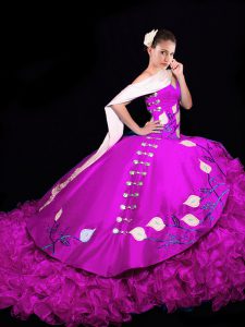 Exquisite Fuchsia Ball Gowns V-neck Sleeveless Taffeta Brush Train Lace Up Embroidery and Ruffles Quinceanera Gowns