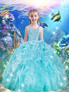 Aqua Blue Lace Up Pageant Gowns For Girls Beading and Ruffles Sleeveless Floor Length