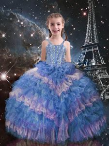 Light Blue Sleeveless Organza Lace Up Little Girls Pageant Gowns for Quinceanera and Wedding Party