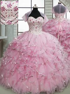 Beading and Ruffles Quinceanera Dresses Baby Pink Lace Up Sleeveless Brush Train