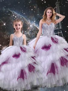 New Arrival Sweetheart Sleeveless Quince Ball Gowns Floor Length Beading and Ruffled Layers Multi-color Organza