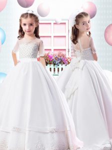 Brush Train Ball Gowns Pageant Dress Toddler White Scoop Tulle Short Sleeves Clasp Handle