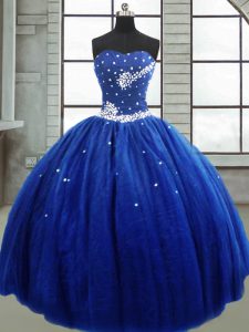 Royal Blue Ball Gowns Tulle Strapless Sleeveless Beading Floor Length Lace Up Sweet 16 Quinceanera Dress