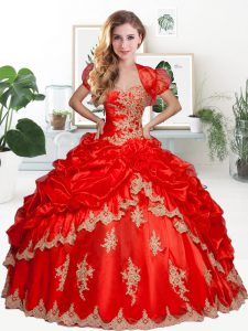 High Quality Floor Length Red Sweet 16 Quinceanera Dress Tulle Short Sleeves Lace and Appliques and Pick Ups