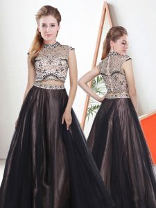 Top Selling Brown Zipper High-neck Beading Tulle Sleeveless