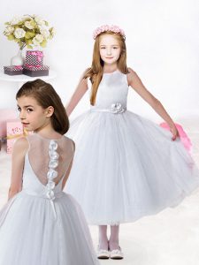 Fantastic Baby Blue Ball Gowns Scoop Sleeveless Tulle Tea Length Clasp Handle Hand Made Flower Flower Girl Dress