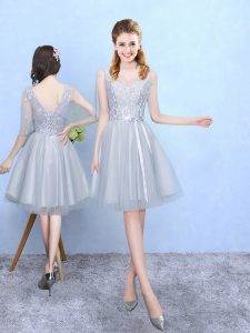 Silver Empire Lace Bridesmaid Dresses Lace Up Tulle Half Sleeves Knee Length