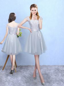 Excellent Knee Length Silver Bridesmaid Dress Tulle Cap Sleeves Lace