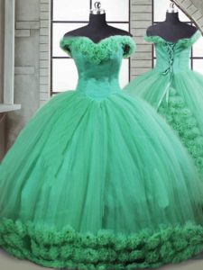 Fabric With Rolling Flowers Off The Shoulder Sleeveless Brush Train Lace Up Hand Made Flower Quince Ball Gowns in Turquo