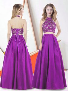 Stunning Eggplant Purple Sleeveless Floor Length Lace Lace Up Prom Evening Gown