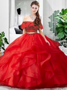 Most Popular Two Pieces 15 Quinceanera Dress Red Off The Shoulder Tulle Sleeveless Floor Length Lace Up