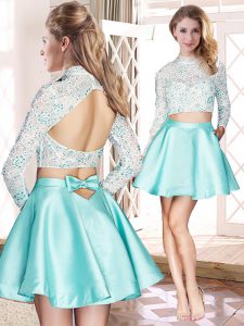 Aqua Blue Two Pieces Lace and Bowknot Wedding Dresses Backless Satin Long Sleeves Mini Length