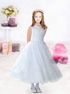 White Sleeveless Tea Length Lace Zipper Flower Girl Dresses