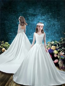 Fantastic White Ball Gowns Taffeta V-neck 3 4 Length Sleeve Lace and Bowknot Lace Up Flower Girl Dresses Court Train