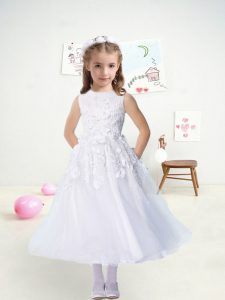 Sexy White Scoop Zipper Lace and Appliques Toddler Flower Girl Dress Sleeveless