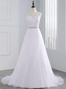 Captivating Sleeveless Brush Train Beading and Lace Zipper Wedding Dress