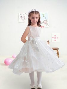 Suitable White Zipper Bateau Appliques and Bowknot and Belt Toddler Flower Girl Dress Tulle Sleeveless