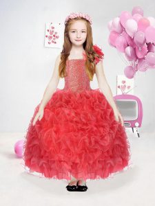 Stunning Coral Red Sleeveless Ankle Length Ruffles and Sequins Side Zipper Pageant Gowns For Girls
