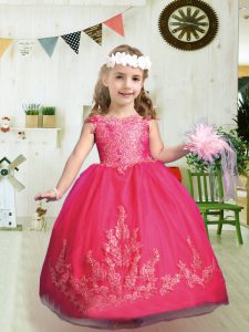 High Class Cap Sleeves Organza Floor Length Zipper Child Pageant Dress in Hot Pink with Appliques