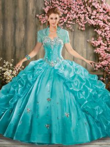 Spectacular Sleeveless Floor Length Beading and Pick Ups Lace Up Quinceanera Dress with Aqua Blue