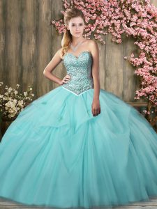 Colorful Sweetheart Sleeveless Brush Train Lace Up 15th Birthday Dress Aqua Blue Tulle