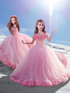 Elegant Baby Pink Pageant Gowns For Girls Tulle Court Train Sleeveless Hand Made Flower