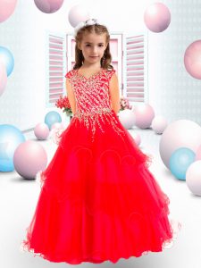 Floor Length Backless Little Girl Pageant Dress Red for Party and Wedding Party with Beading