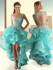 Turquoise Tulle Backless Homecoming Dress Sleeveless High Low Lace and Appliques and Ruffles