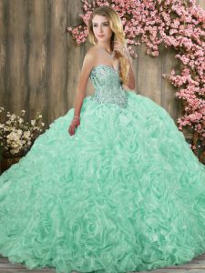 Exceptional Fabric With Rolling Flowers Sleeveless Quinceanera Gown Brush Train and Beading