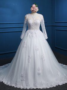 Fantastic White Zipper Scoop Lace and Appliques Wedding Dresses Tulle Long Sleeves Court Train