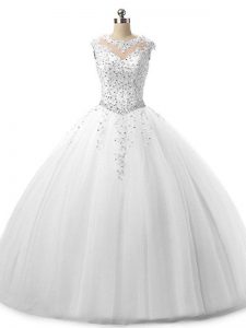 White Ball Gowns Scoop Sleeveless Tulle Floor Length Lace Up Beading and Lace Vestidos de Quinceanera