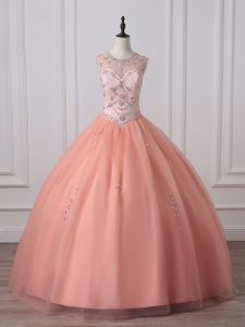 Peach Ball Gowns Scoop Sleeveless Tulle Floor Length Zipper Beading Quinceanera Dresses