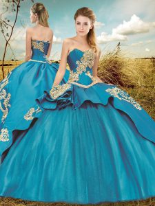 Extravagant Taffeta and Tulle Sweetheart Sleeveless Court Train Lace Up Beading and Embroidery Quinceanera Gown in Teal