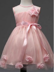 Custom Made Knee Length Zipper Child Pageant Dress Pink for Wedding Party with Hand Made Flower