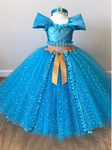 Baby Blue Off The Shoulder Zipper Sequins and Belt Pageant Gowns For Girls Cap Sleeves